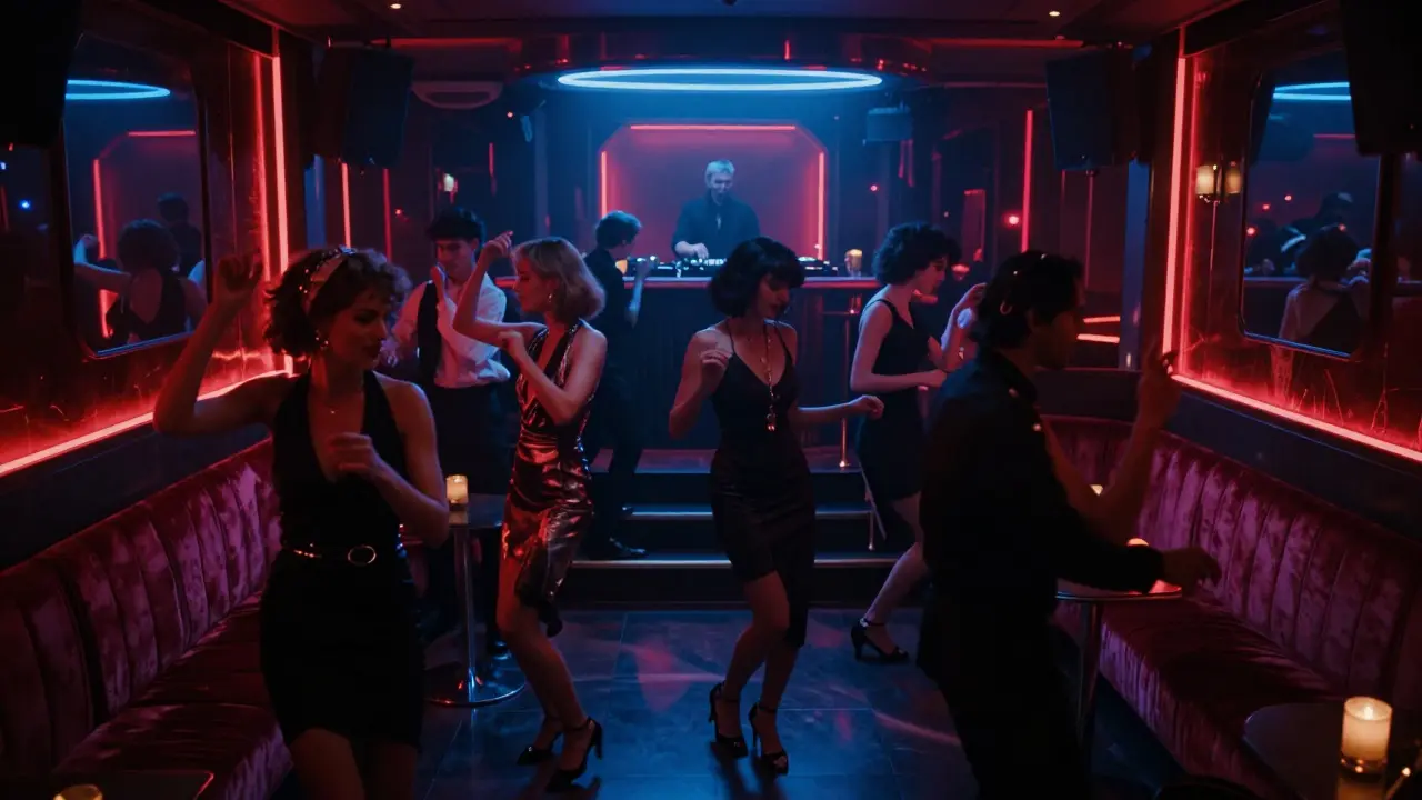 Crowd dancing under moody neon lights inside Rock &amp; Roll nightclub, silhouettes reflecting in mirrored walls.