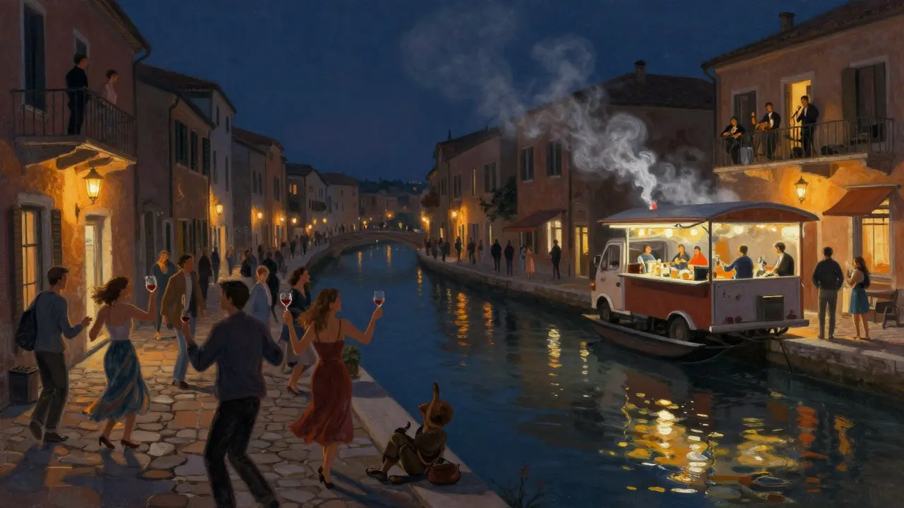 Crowds dancing along illuminated canal banks at night in Milan's Navigli district.