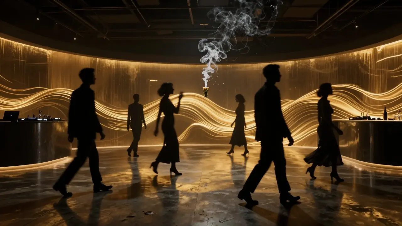 Elegant figures in a moody nightclub with golden sound waves and rosemary smoke.