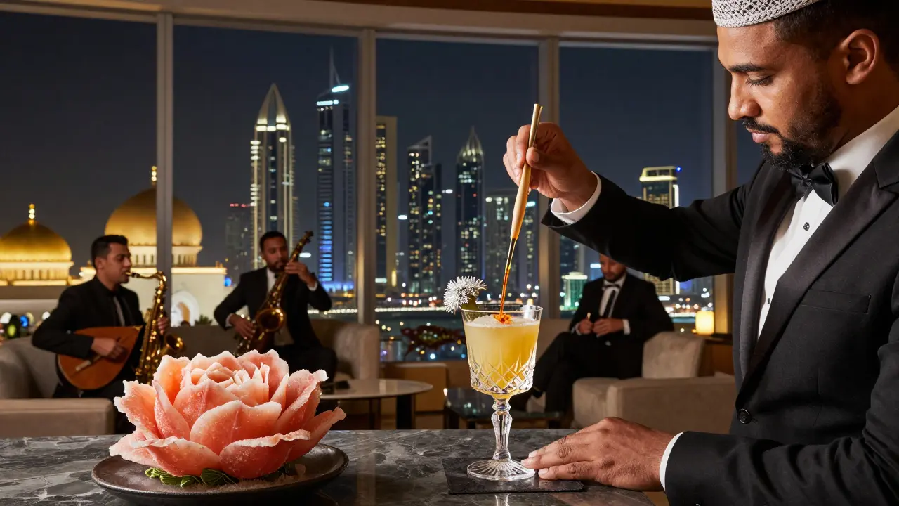 Elegant rooftop lounge with mixologist crafting a sparkling cocktail, city skyline and mosque domes glowing in the night.
