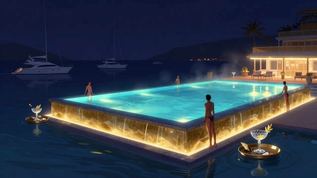 Floating Yacht Club Beach Club with neon-lit infinity pool and yachts glowing under midnight sky.
