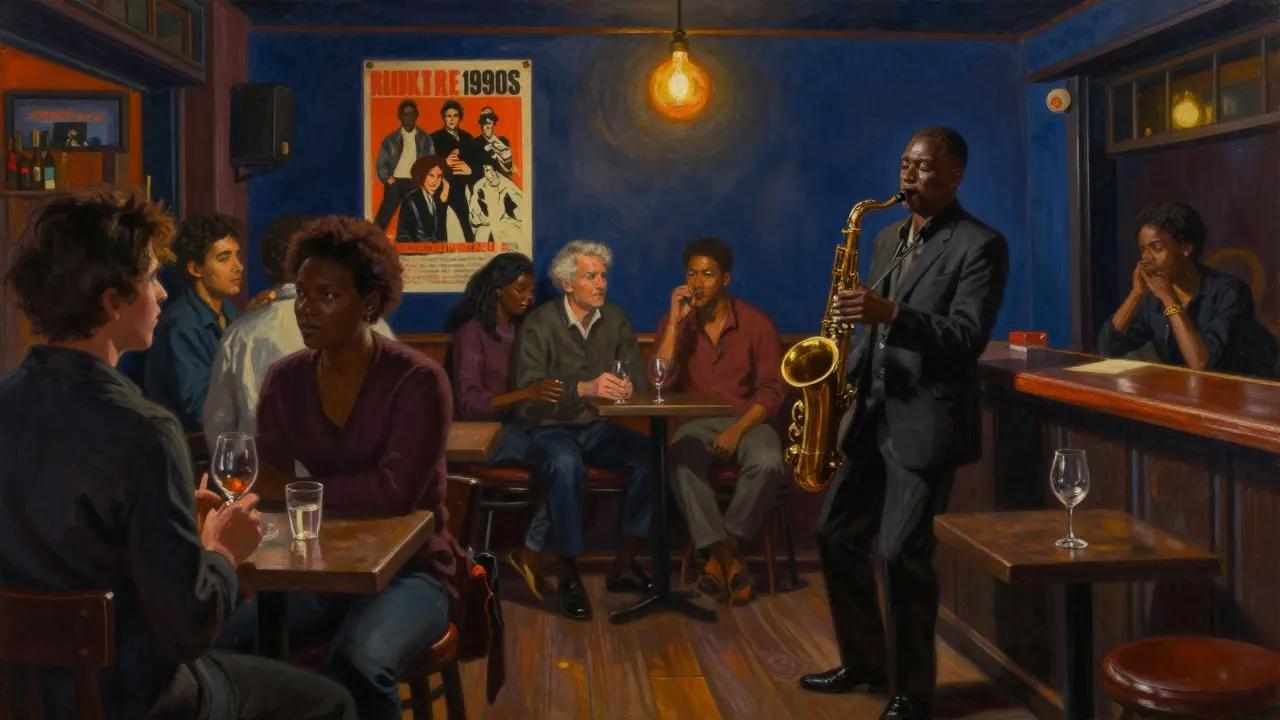 Jazz club filled with diverse crowd listening to a saxophonist under dim hanging bulbs.