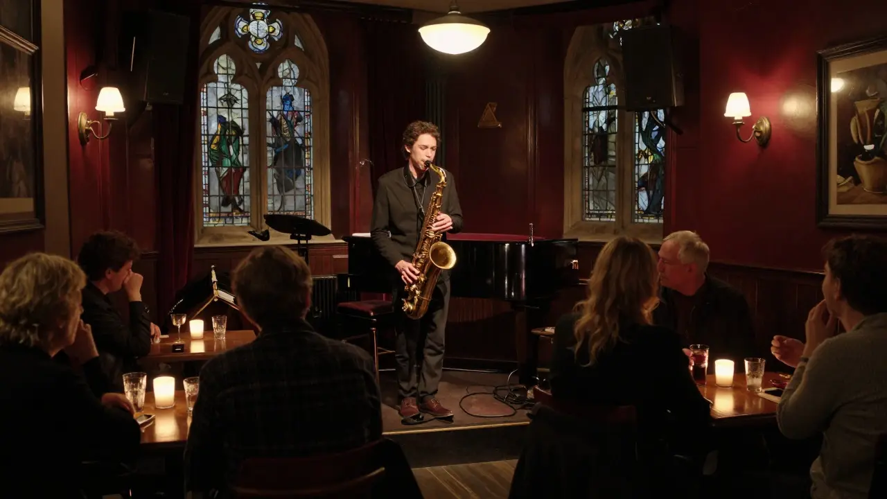 Jazz saxophonist performing in intimate Camden venue with warm candlelight