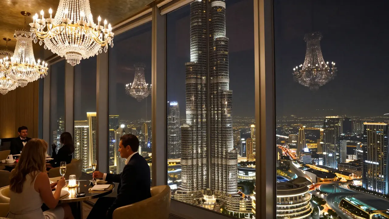 Luxurious lounge on the 122nd floor of Burj Khalifa with guests enjoying champagne and panoramic city lights.