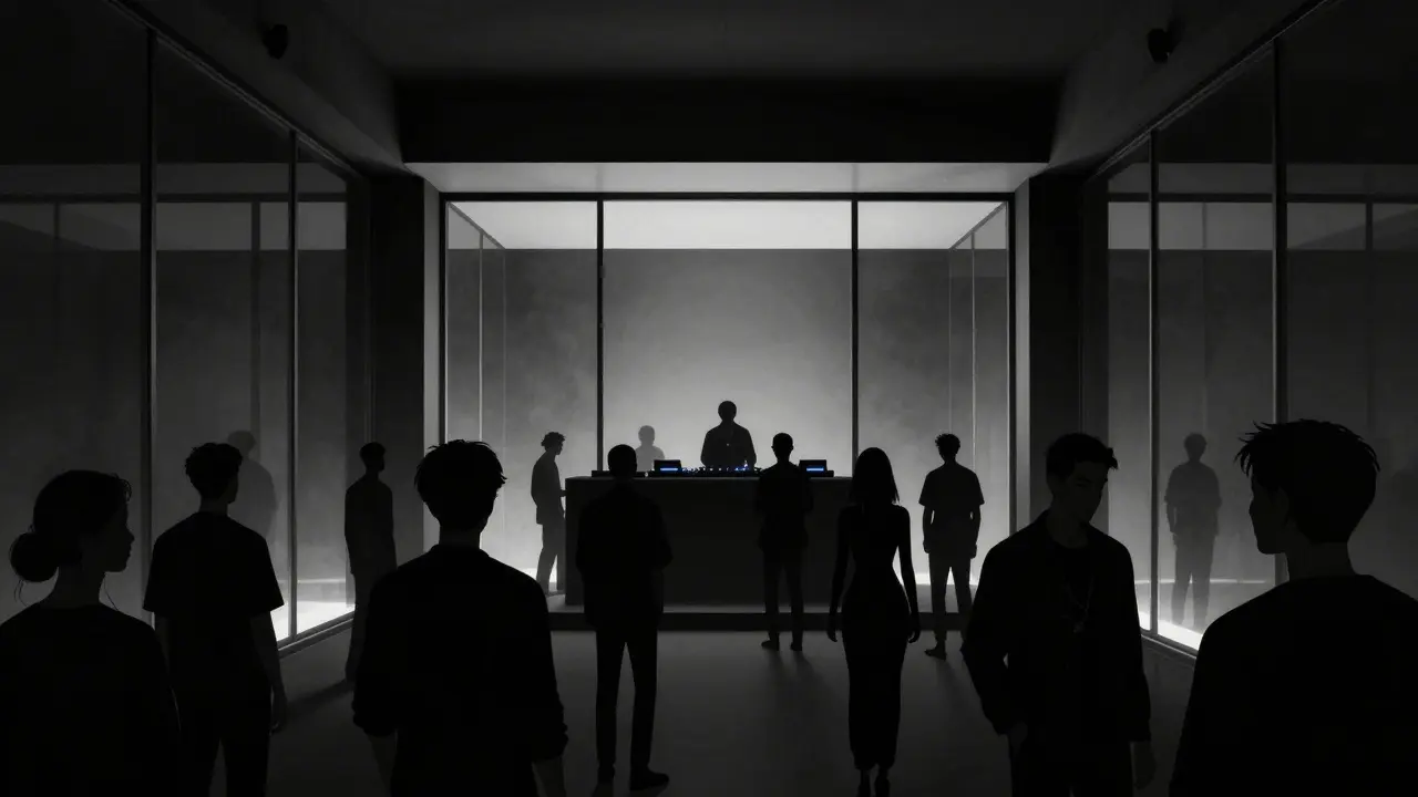 Minimalist nightclub interior with a crowd in black attire under soft blue lighting, phones nowhere to be seen.