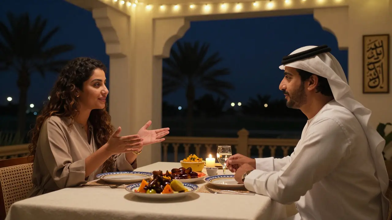 Private dinner in a villa with Emirati food, candlelight, and palm silhouettes at night.