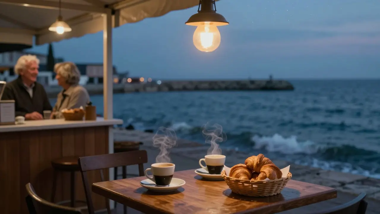 Quiet café at 4 a.m. by Monaco's harbor with espresso cups and croissants under a soft pendant lamp.