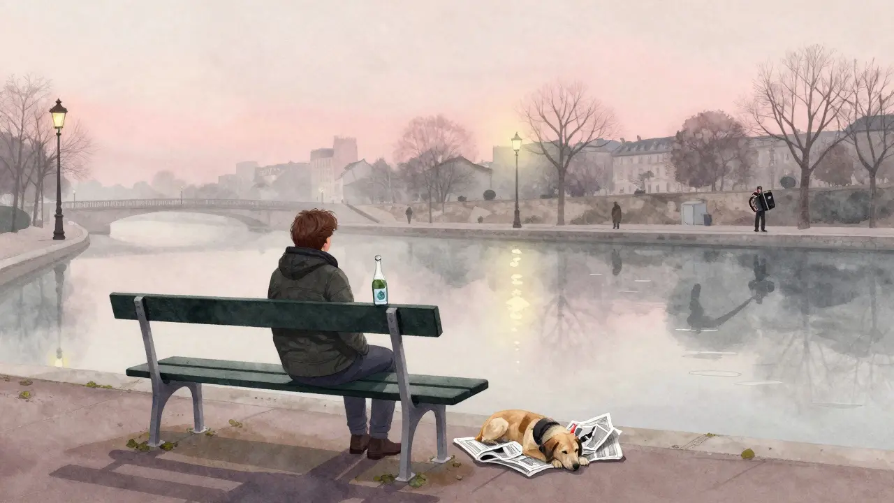 Quiet canal bench at dawn with a lone person, sleeping dog, and distant accordion player.
