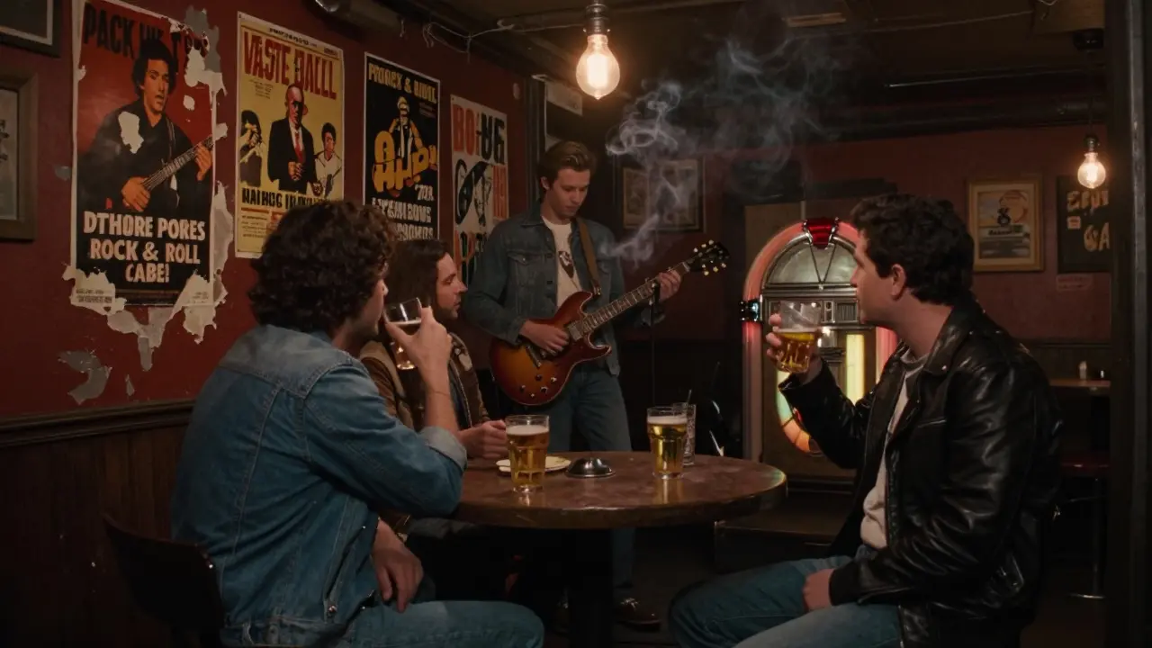 Rock &amp; Roll Café interior with live guitarist, band posters, and patrons enjoying beer in a gritty alley setting.