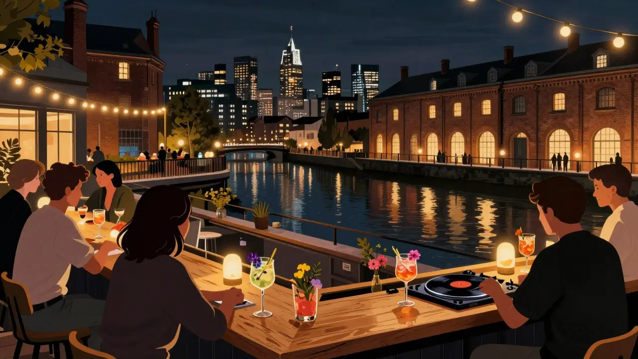 Rooftop bar in King’s Cross with city skyline views, guests sipping gin cocktails under string lights at night.