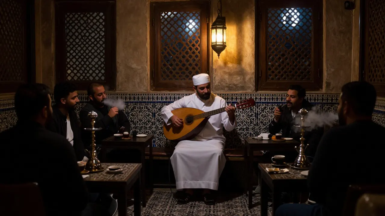 Serene Arabic lounge at Al Fanar with oud player and shisha under lantern light.