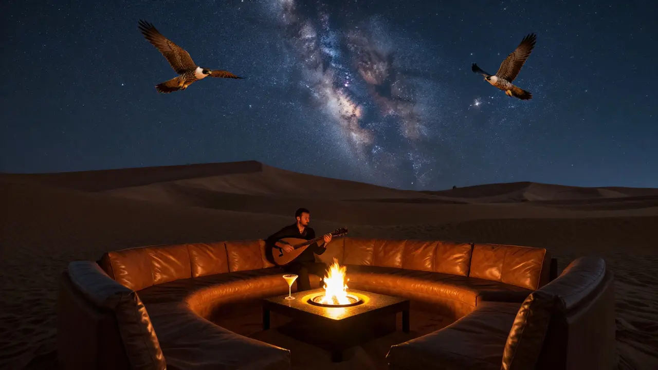 Serene desert lounge under a star-filled sky, with fire pits, oud music, and a falcon flying over dunes at midnight.