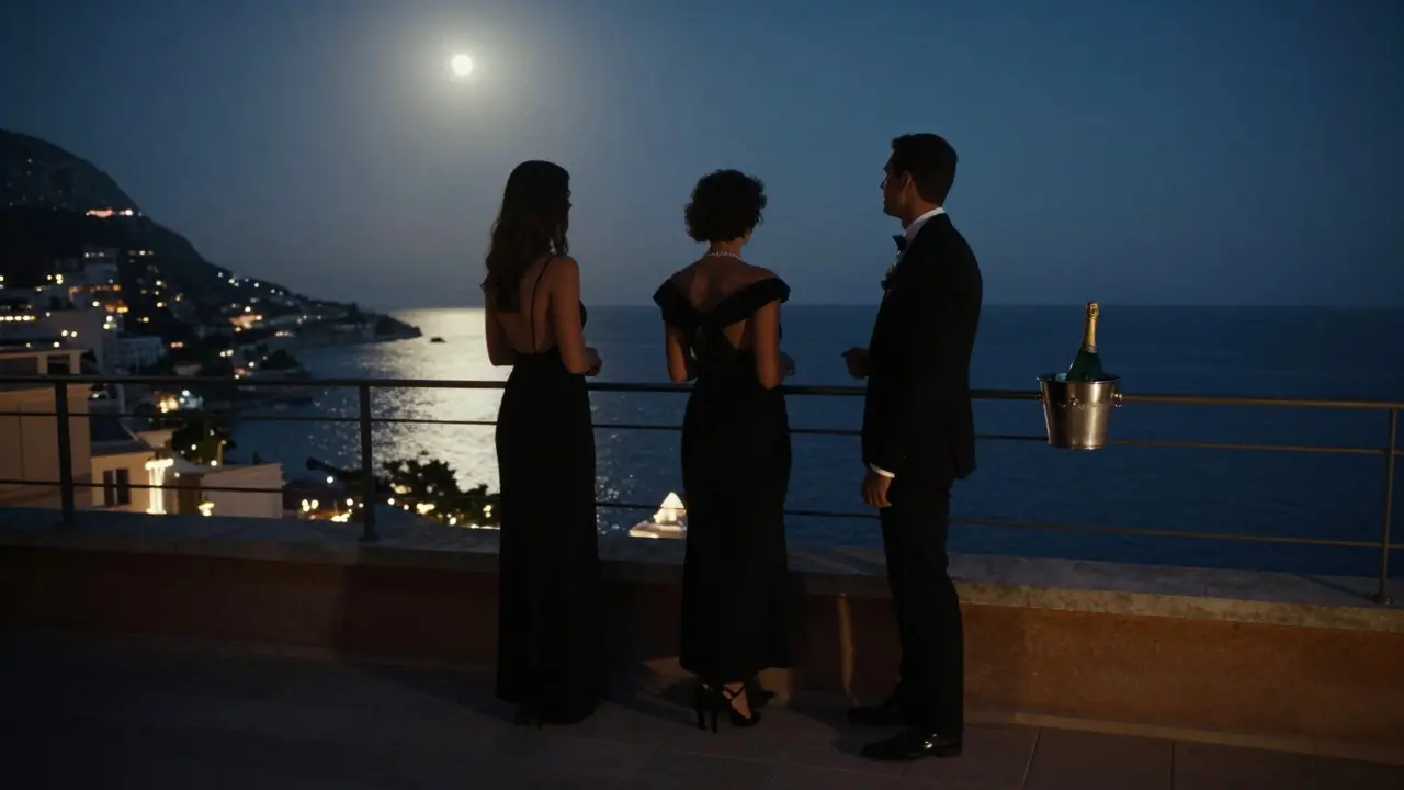 Silhouettes on a moonlit rooftop balcony overlooking Monaco's harbor at dawn, a champagne bottle chilling nearby.