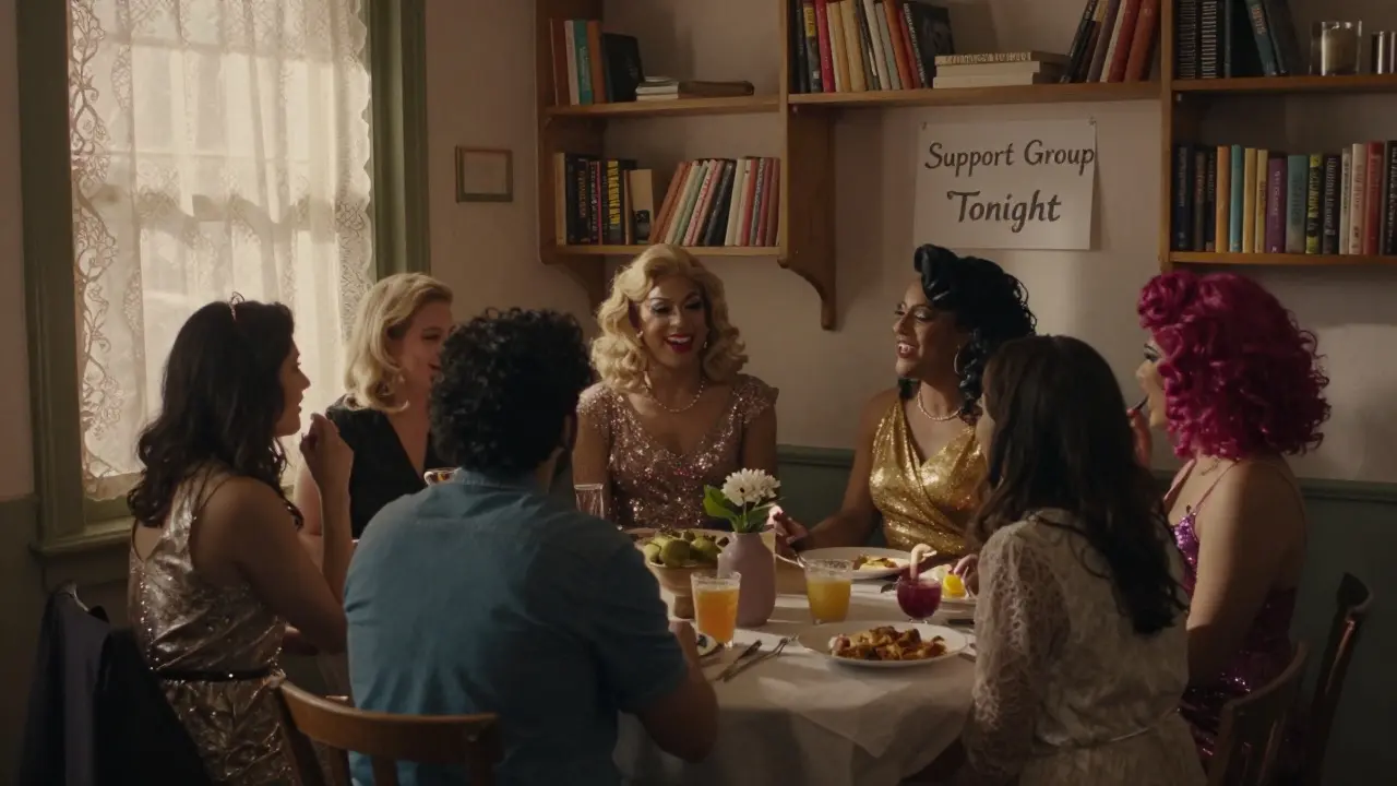 Trans-friendly brunch at Le Refuge with drag performers and warm, intimate lighting.