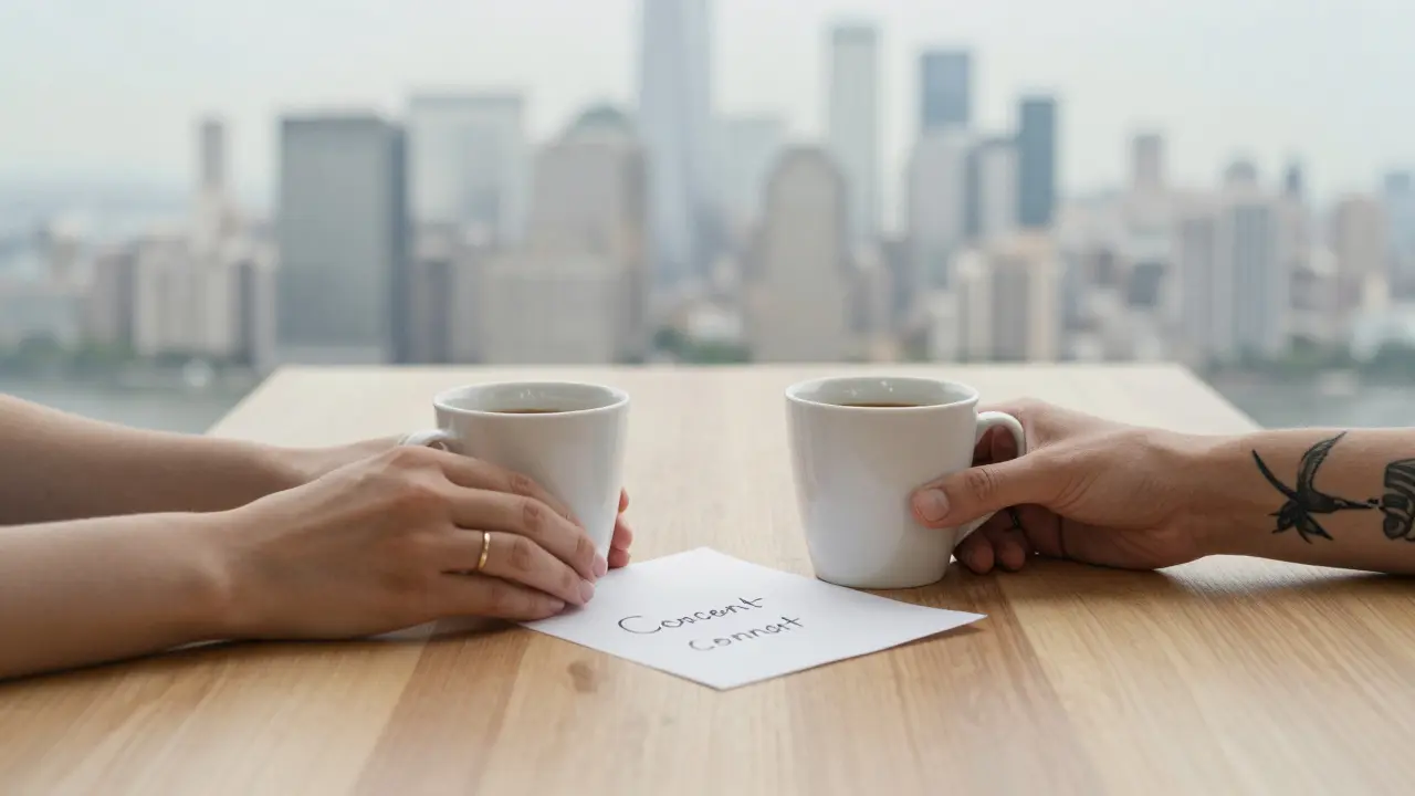Two hands placing a coffee cup and a note on a wooden table, symbolizing consent and connection.