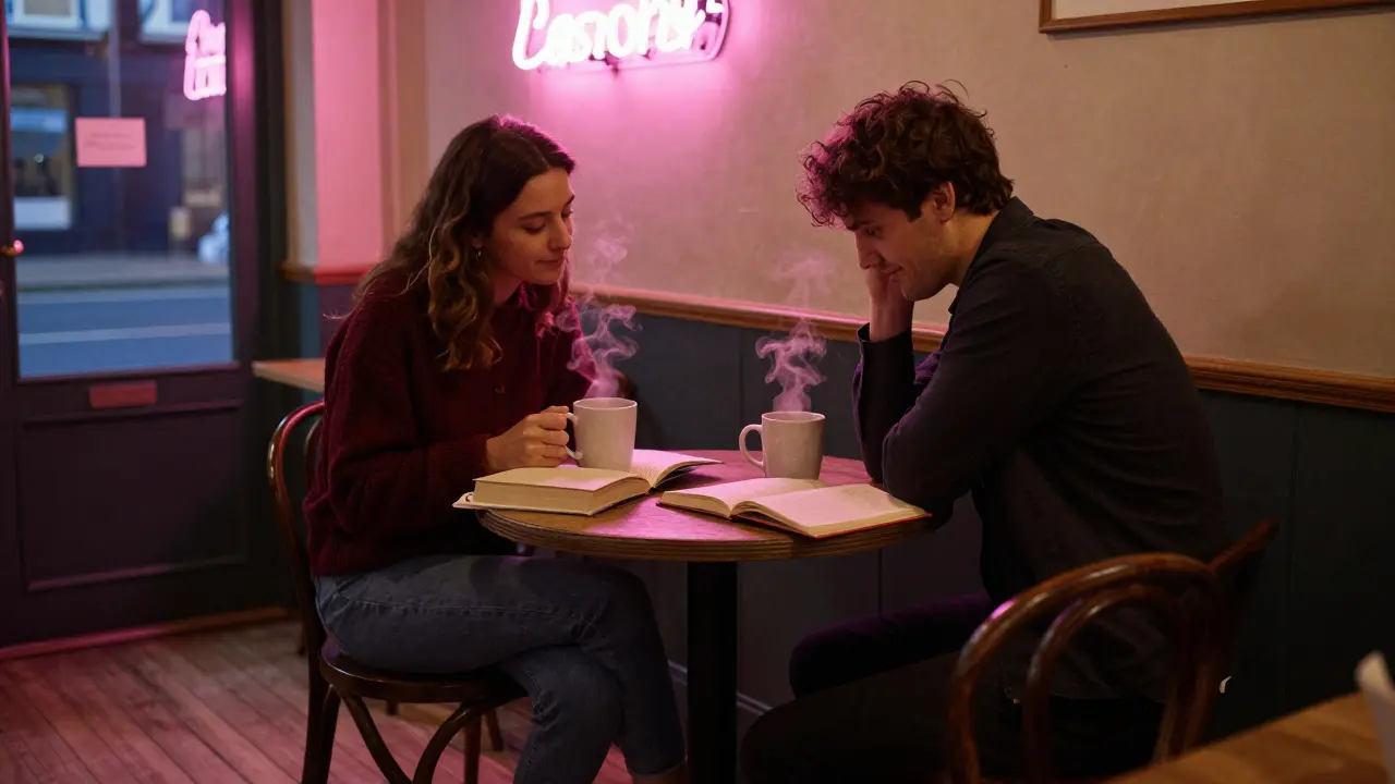 Two individuals enjoying coffee in a quiet Notting Hill café at 3 a.m.