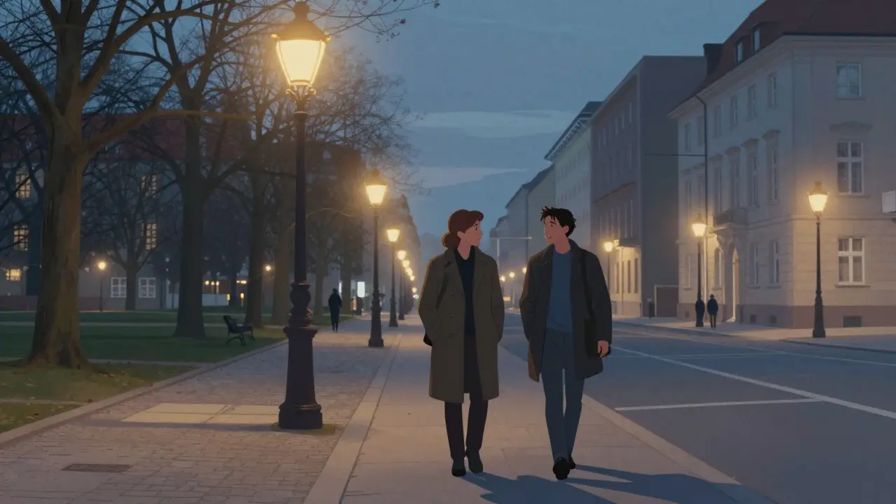 Two individuals walking together along a peaceful Berlin street at dusk.
