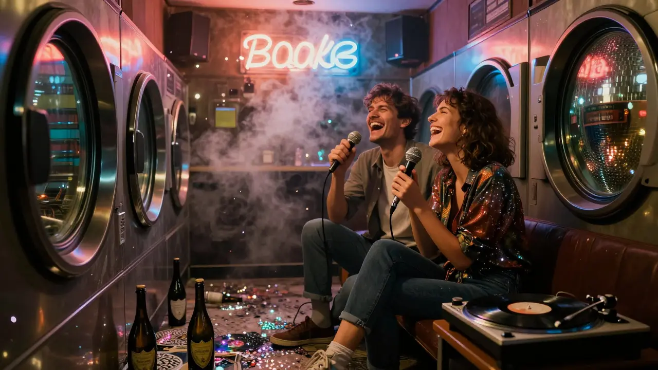 Two people laughing in a secret karaoke bar under a laundromat, covered in glitter with vintage records playing.