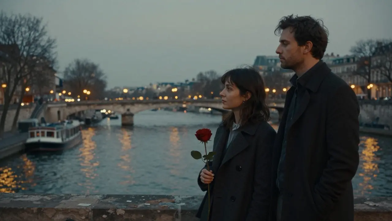 Two people stand silently by the Seine at dusk, one holding a rose, city lights reflecting on the water.