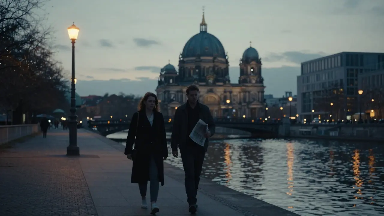Two people walking peacefully along the Spree River at twilight.