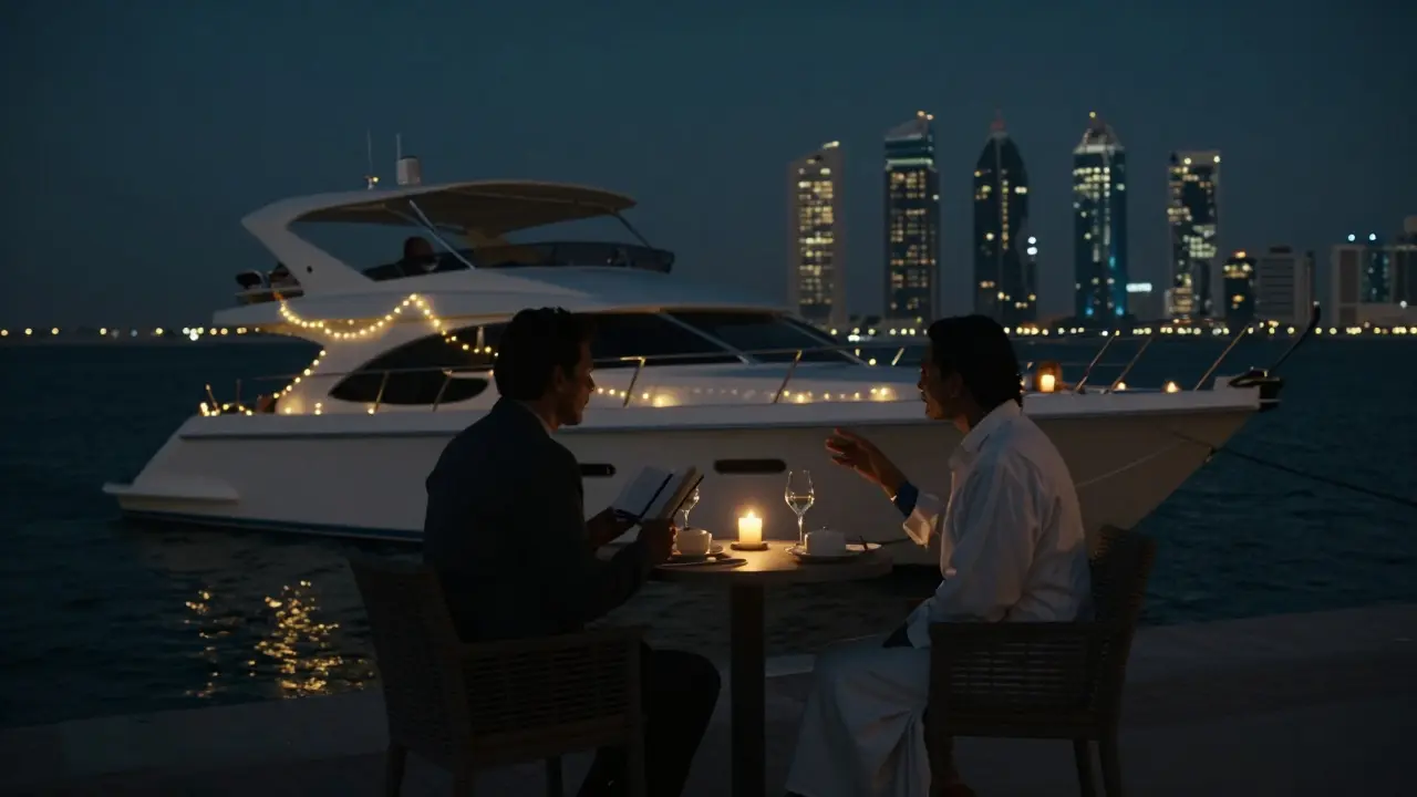 Two silhouetted figures on a private yacht at night, enjoying quiet companionship beside the Abu Dhabi waterfront.
