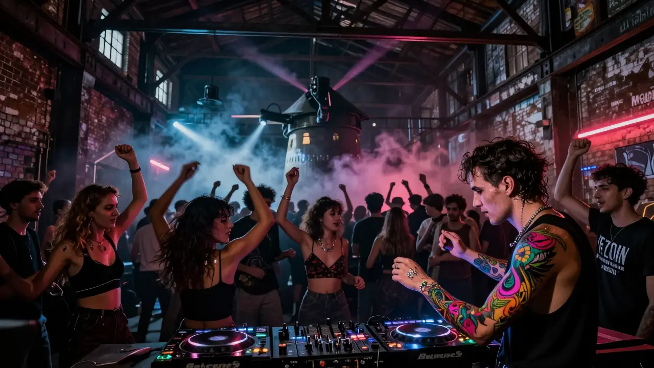 Underground techno party in a gritty warehouse with dancing crowd and glowing DJ booth.