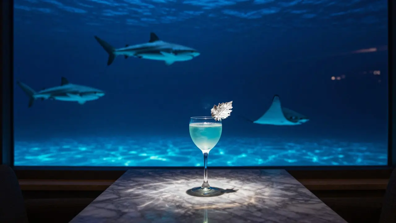 Underwater restaurant with glowing sea creatures and a shimmering cocktail under blue lights.