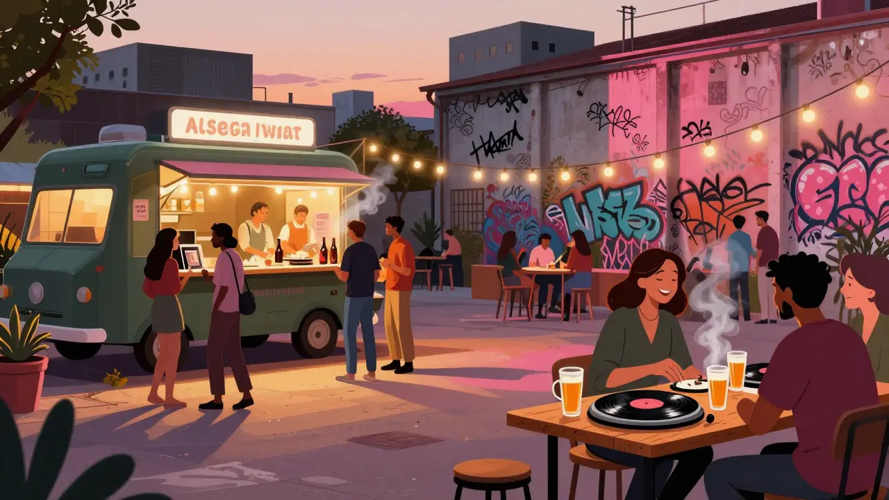 Vibrant street party at The Yard with food trucks and vinyl records under string lights.