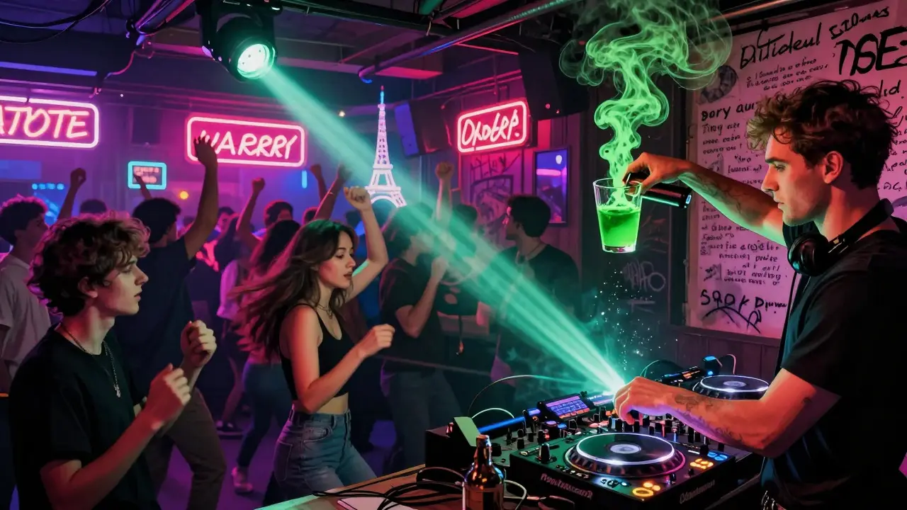 Vibrant underground Paris bar with dancing crowd, neon lights, poetry-covered walls, and absinthe being served.