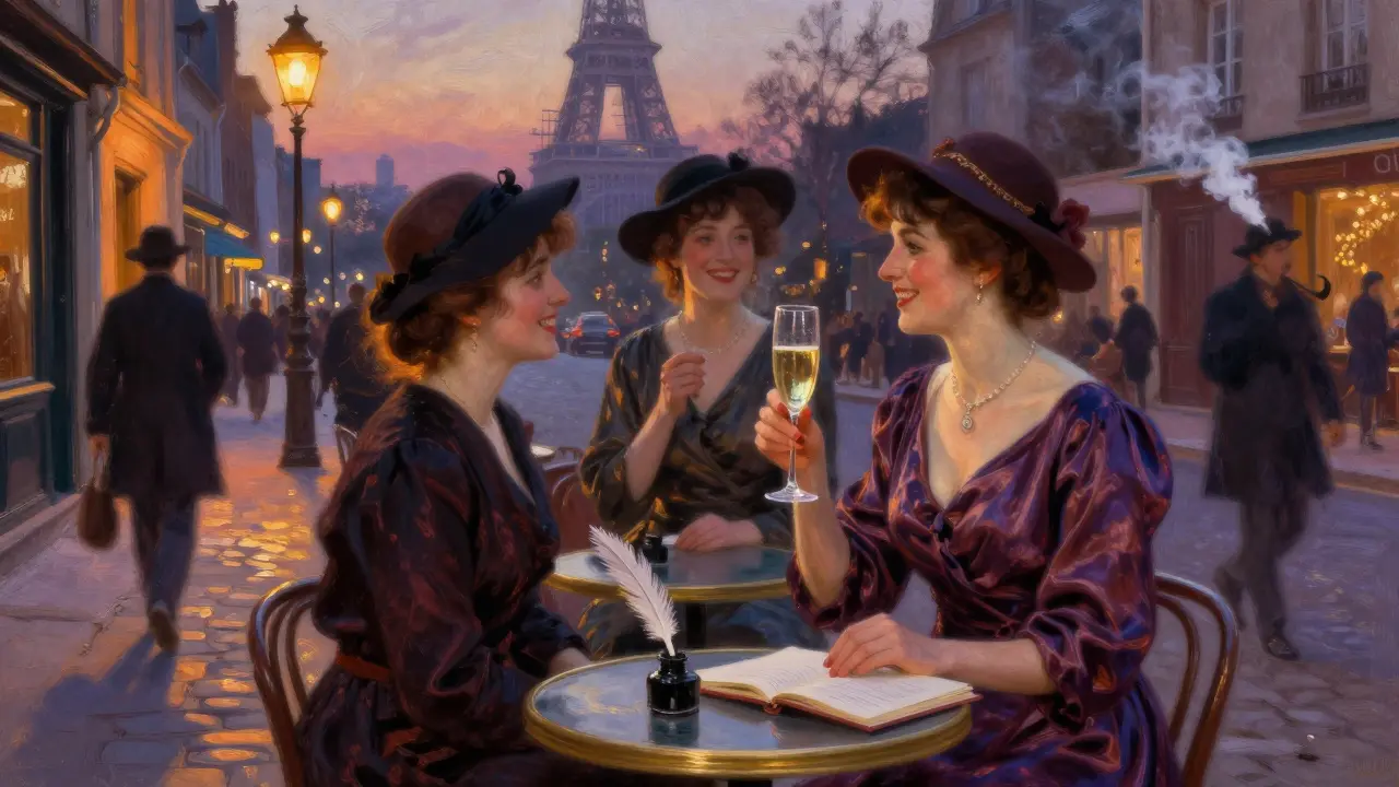 Women in 19th-century Montmartre socializing at a café under gas lamps.