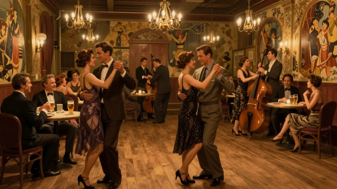 A couple gently dancing in the historic Clärchens Ballhaus, surrounded by vintage chandeliers and live jazz.
