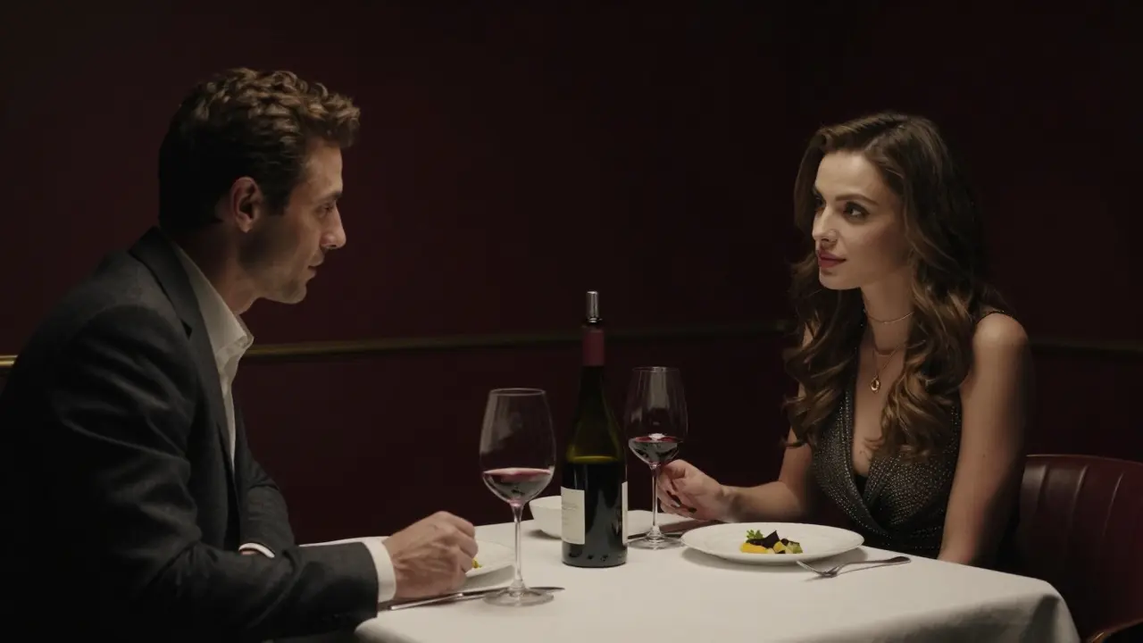 A couple sharing a quiet dinner in a luxury Dubai restaurant, no physical contact, elegant ambiance.