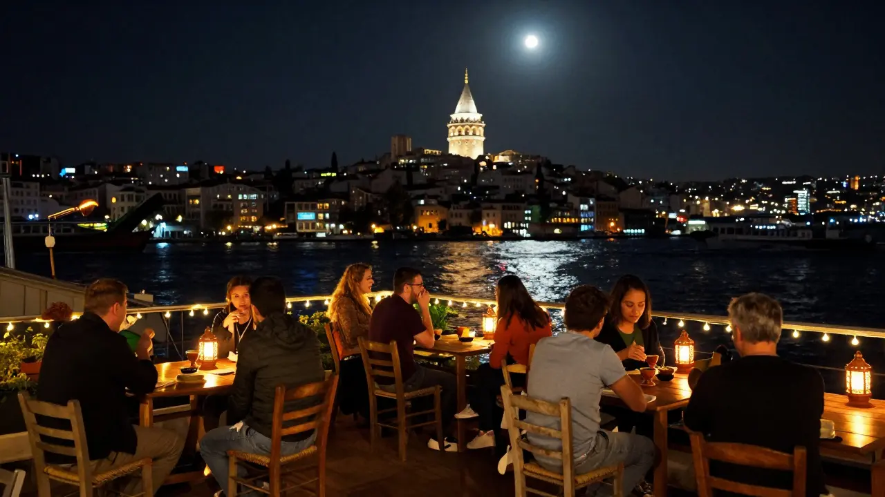 A cozy rooftop terrace in Karaköy with fairy lights, the Galata Tower glowing in the distance.
