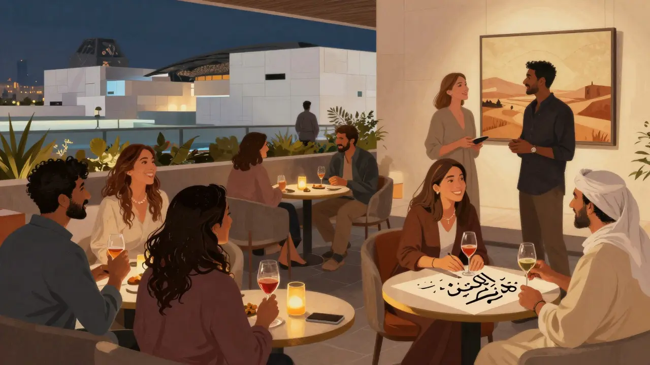 A diverse group socializing at a rooftop lounge in Abu Dhabi, enjoying culture and conversation.