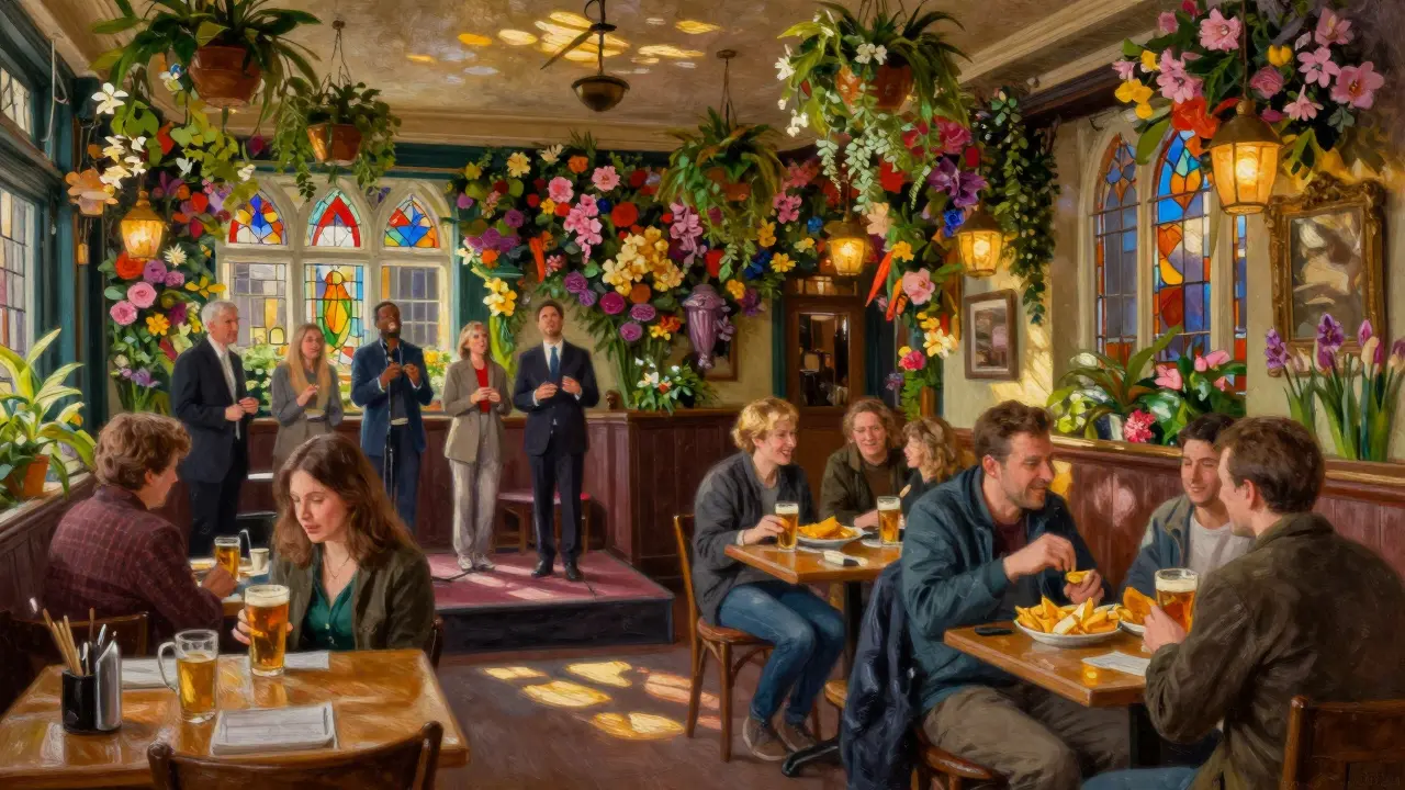 A flower-filled pub with live gospel singers and patrons enjoying food and drinks under hanging plants.