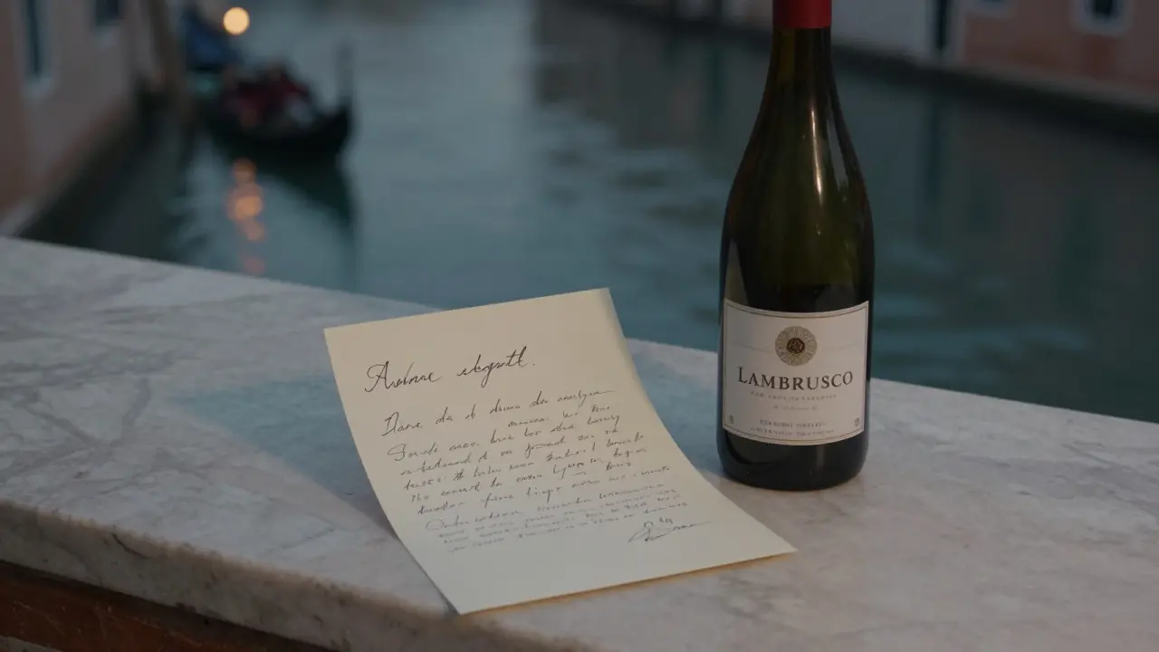 A handwritten thank-you note and a bottle of Lambrusco left on a windowsill overlooking Milan's Navigli canal at dusk.