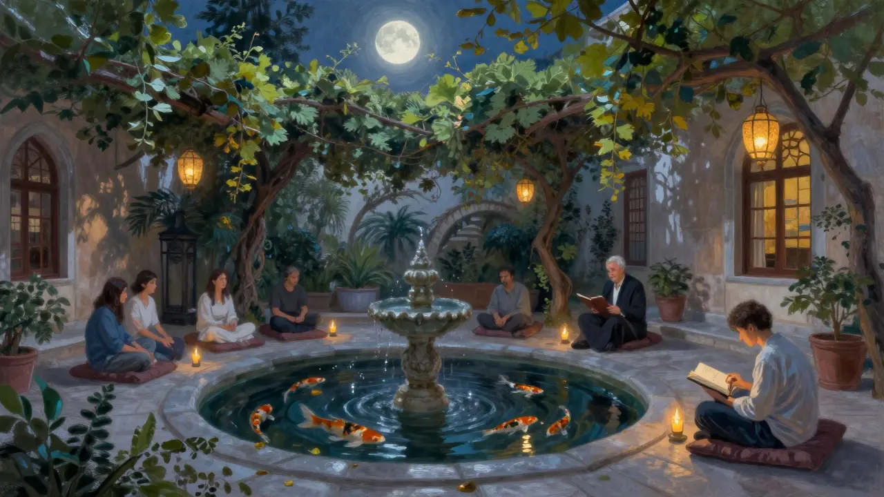 A hidden garden courtyard with lanterns, koi pond, and guests sitting quietly under vines by moonlight.