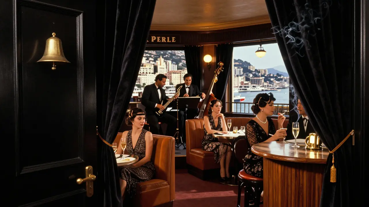 A hidden jazz lounge with velvet curtains, musicians playing live, and guests in vintage attire under amber lighting.