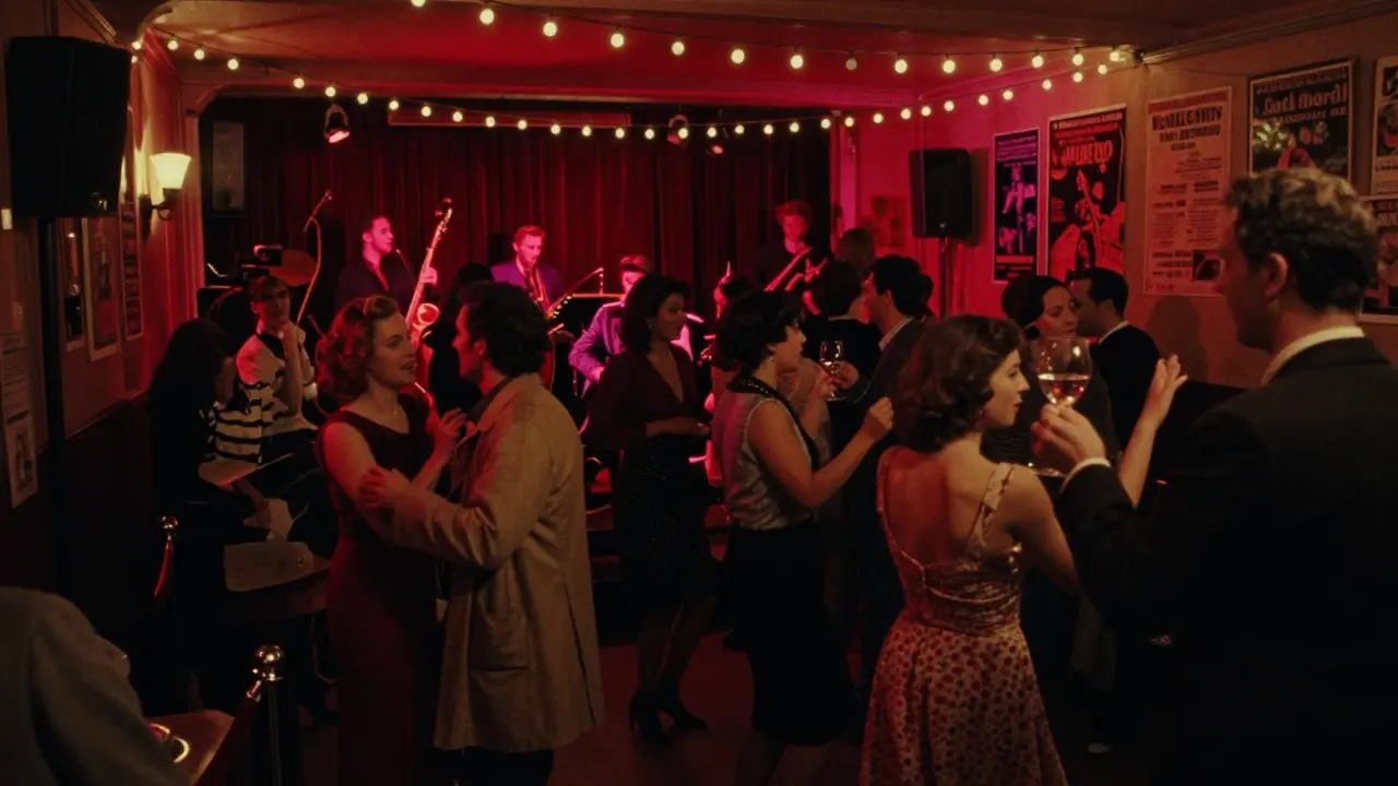 A lively jazz crowd dances in a historic Parisian music venue with string lights and wine being passed around.