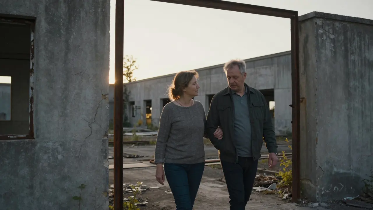 A man and woman walk through an old Bauhaus industrial site at dusk, her hand gently on his arm, the atmosphere calm and reflective.