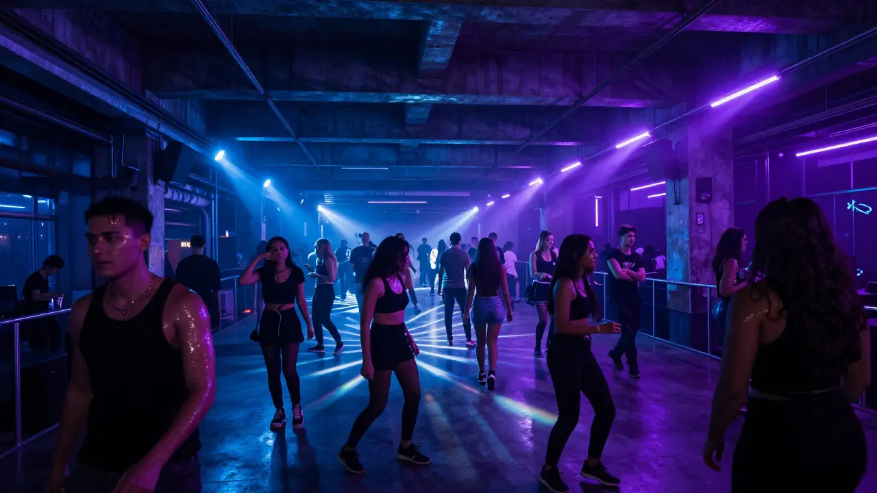 A massive industrial nightclub with strobe-lit crowd dancing on a long floor under a high concrete ceiling.