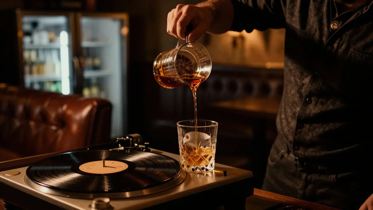 A mixologist crafting a unique cocktail in a dimly lit speakeasy with vintage vinyl spinning.