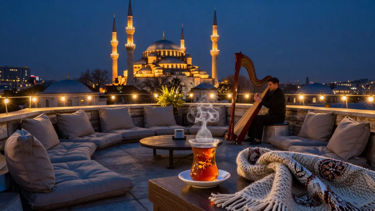 A peaceful rooftop terrace with cushions, lanterns, and minarets glowing in the night, a harpist playing softly.
