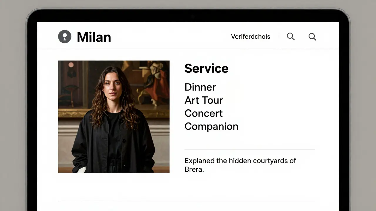 A professional escort profile on a laptop showing authentic photos and reviews of art-related companionship services in Milan.