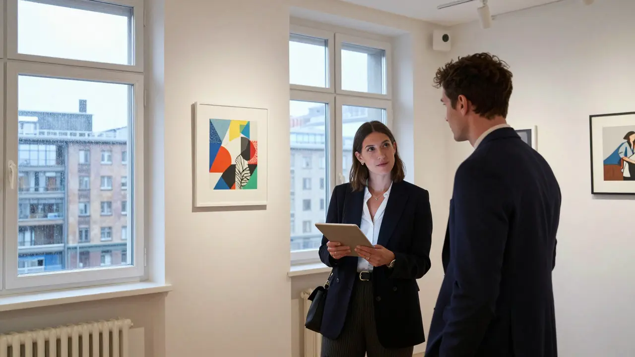 A professional female companion showing art prints to a client in a Berlin apartment, city skyline visible through the window.