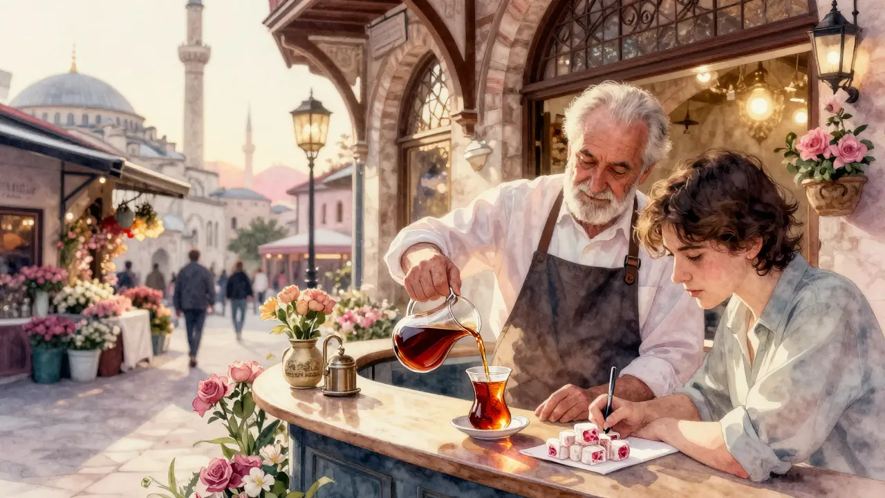 A quiet moment at Çiçek Pasajı at dawn with tea and lokum, as morning light touches the historic passage.