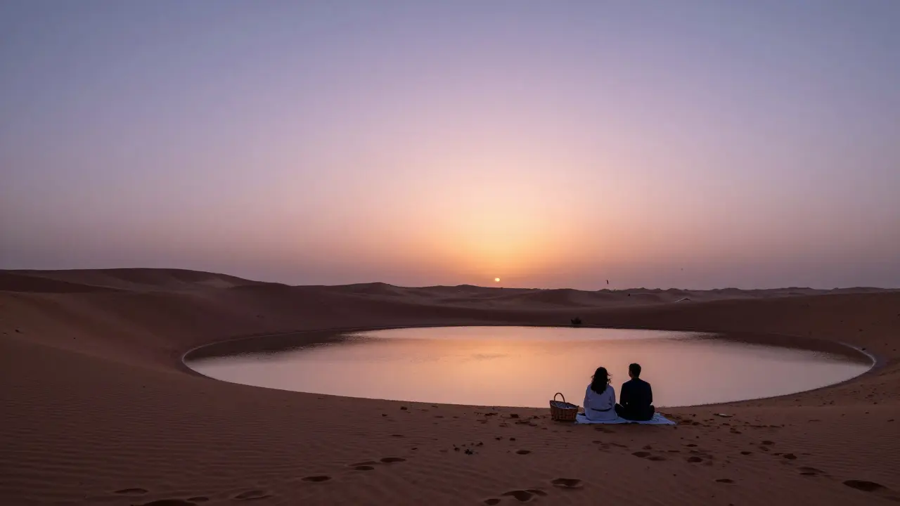 A quiet sunset over Al Qudra Lakes with desert dunes reflecting golden light on still water.