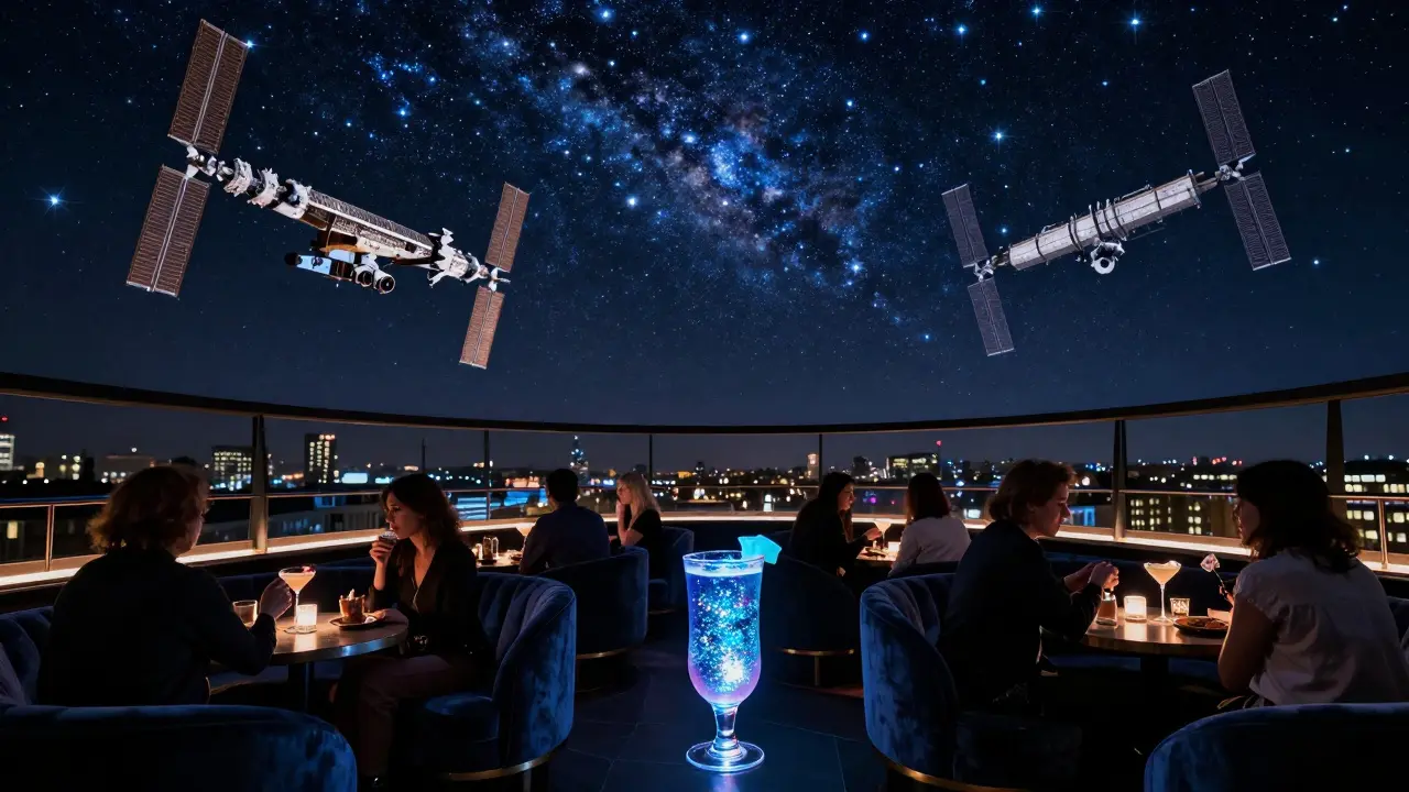 A rooftop bar with a projected night sky overhead, patrons sipping glowing drinks under the stars.