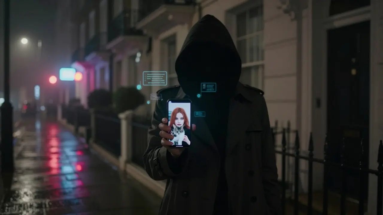 A shadowy figure outside a London townhouse, holding a phone with a photo of a woman and a cat, foggy night scene.