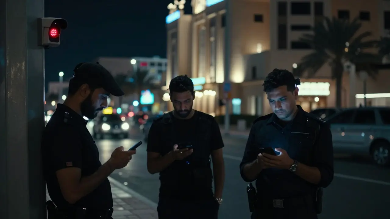 A shadowy street scene in Abu Dhabi with hidden police surveillance and people exchanging messages on phones.